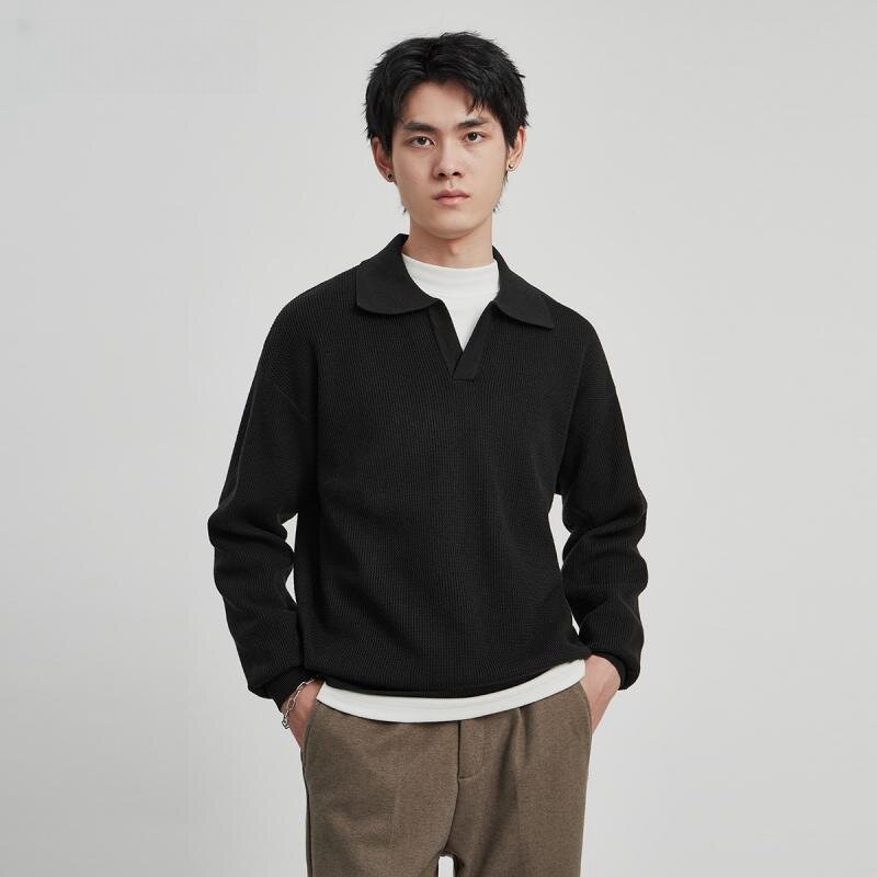 Autumn Men's Polo Neck Sweater Anti Pilling Long sleeve Top Loose Knitwear Solid Color Casual Knitted Shirt