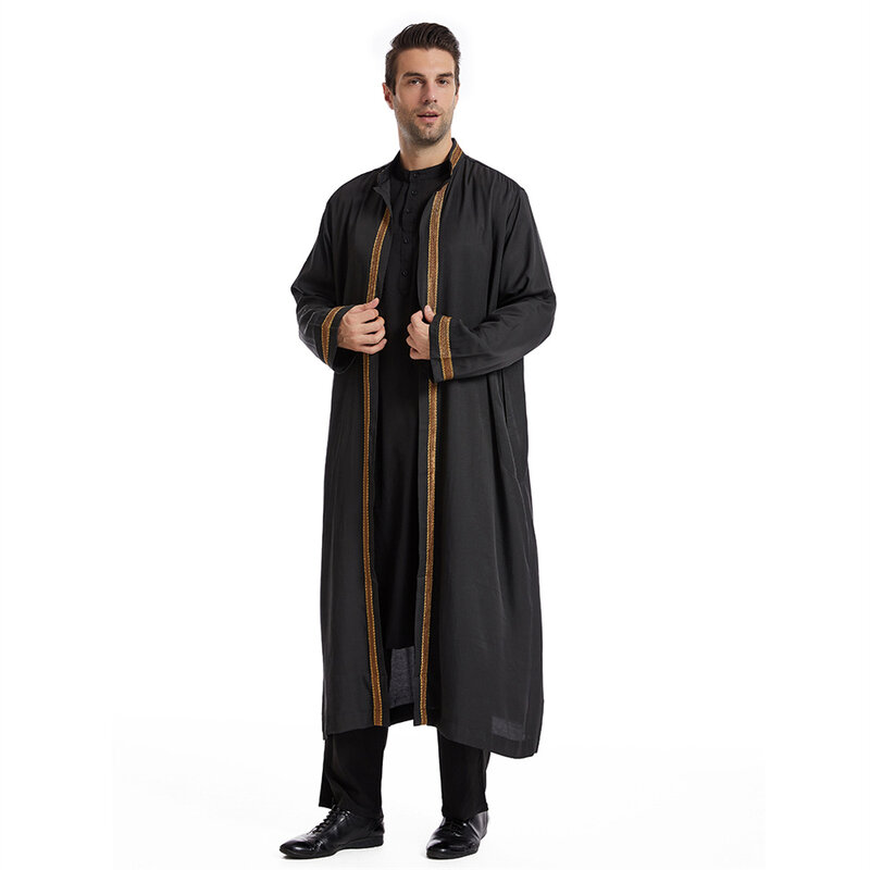 Черное кимоно Jubba Thobe для мужчин, мусульманская одежда, Саудовский арабский халат, Ближний Восток, брикет, Abaya, платье Thoub Eid