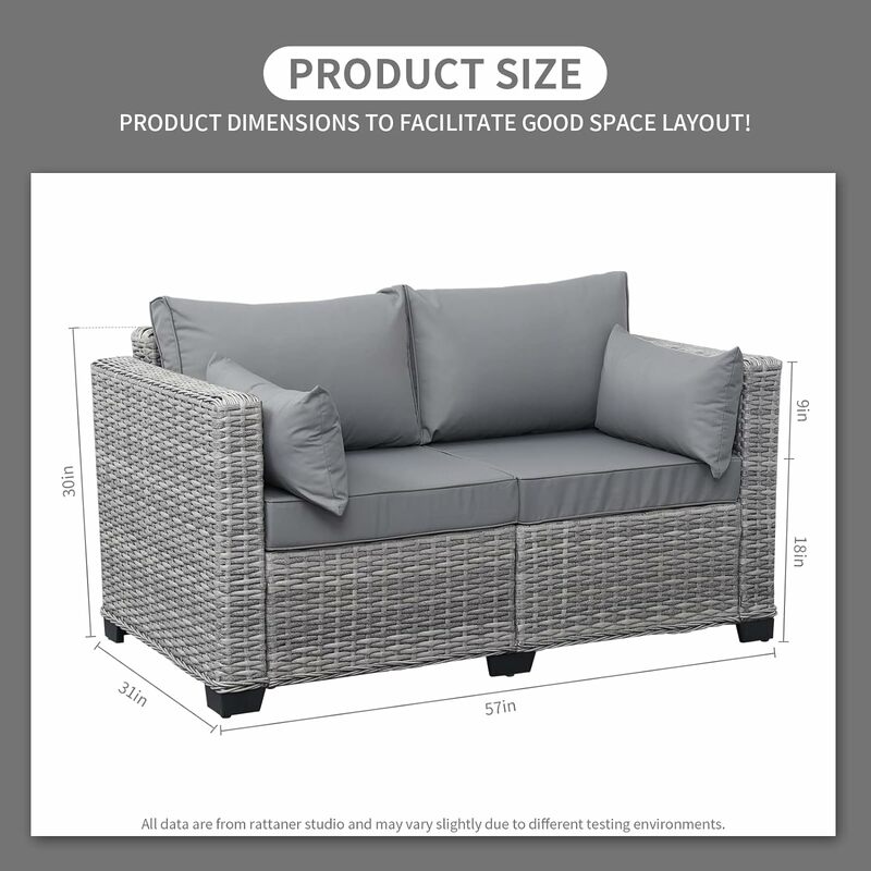 Outdoor Loveseat Sofa Balcony Furniture Loveseat 2 Seater Small Sofa with Anti-Slip Outdoor Cushion Lumbar Pillow and Cover,