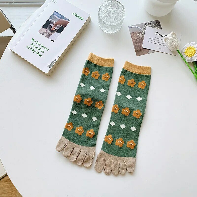 Mulheres outono e inverno puro algodão cinco dedo meias impresso split toe meias vintage confortável