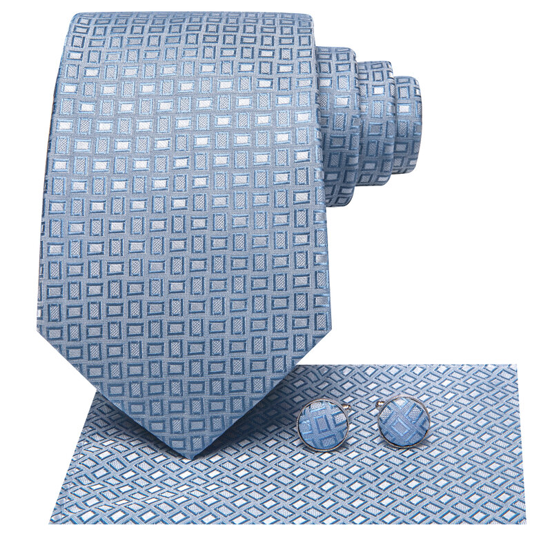 Hi-Tie Designer hellblau karierte elegante Krawatte für Männer Modemarke Hochzeits feier Krawatte handliche Manschetten knöpfe Großhandel Geschäft