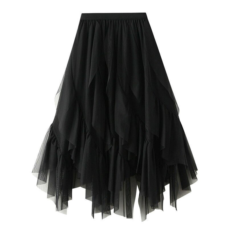 Ladies Aesthetic Contrast Tiered Tulle Maxi Skirt Women 2024 New Korean Fashion Irregular Hem High Waist Long Skirt Female Wear