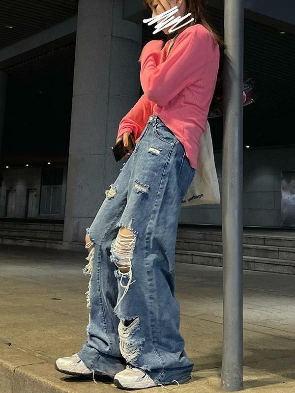 Y2K letnie główna ulica Jeans Streetwear proste spodnie damskie porwane jeansy wysoki stan luźna szeroka nogawki spodnie damskie dżinsy