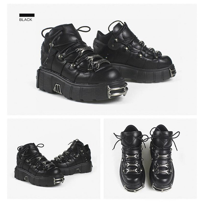 Sapatos de plataforma com cadarço U-DOUBLE para mulheres, tênis estilo punk, tornozelo gótico, decoração de metal, altura 6cm, marca