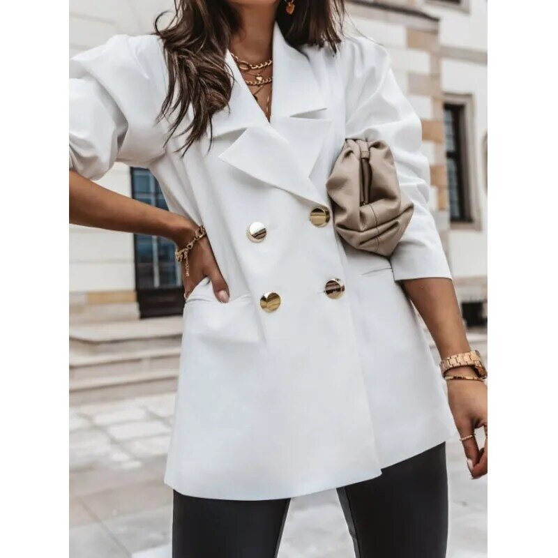 2023 New Autumn and Winter Fashion Solid Color Double Breasted Suit Temperament Commuting Loose Fitting Women's Casual Coat