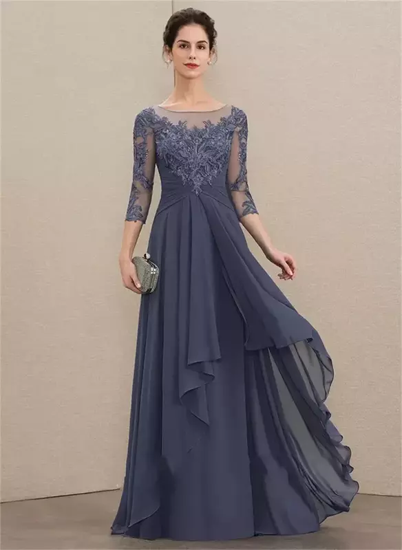 Elegant Navy Blue A-Line Scoop Neck Floor-Length Chiffon Lace Mother of the Bride Dresses With Cascading Ruffles Prom Evening Go