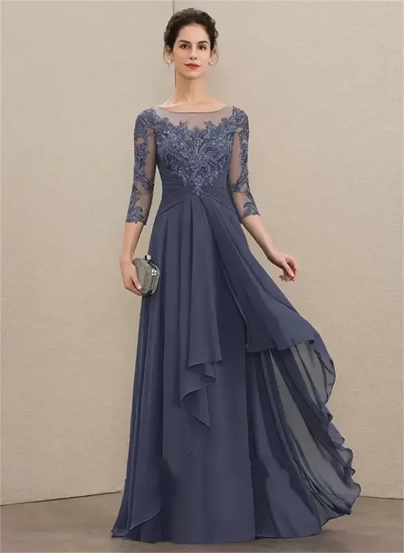 Gaun pengantin wanita renda sifon panjang lantai leher sendok A-Line biru dongker elegan dengan rok pesta Prom malam Go