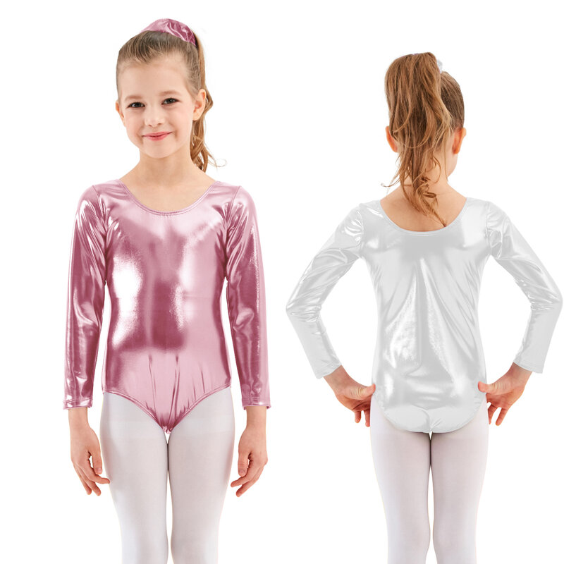 AOYLISEY Pakaian Anak Kostum Spandeks Robers Emas Lengan Panjang Bodysuit Senam Anak Perempuan Leotards Metalik Mengkilap Tari Balet