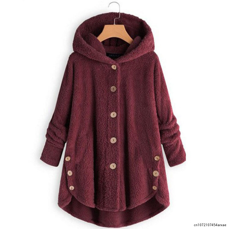 Mantel musim dingin wanita, mantel bulu macan tutul palsu berkerudung lengan panjang kantong pakaian luar kain hangat