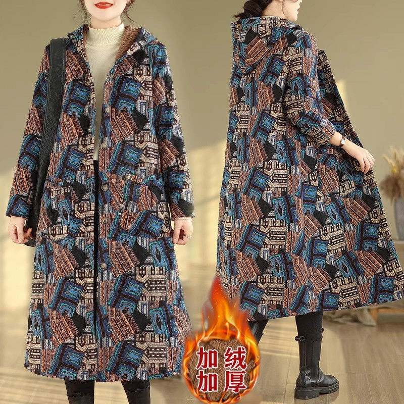 Oversized Women's Winter Clothes Loose Fit Hooded Irregular Printed Mid Length Jacket Casual Thickened Plush Cotton Coat  Z3525