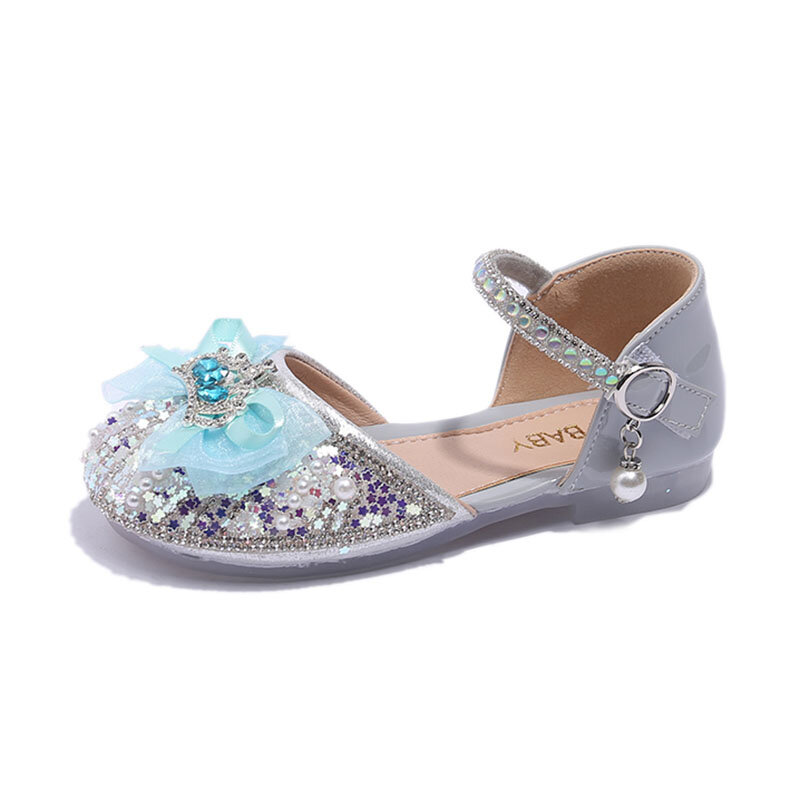 Girls Performance Shoes Bling Ankle Strap Sandals Crown Princess Shoes Bow Rhinestone Dance Flats Kids Leather Shoes Summer 257R