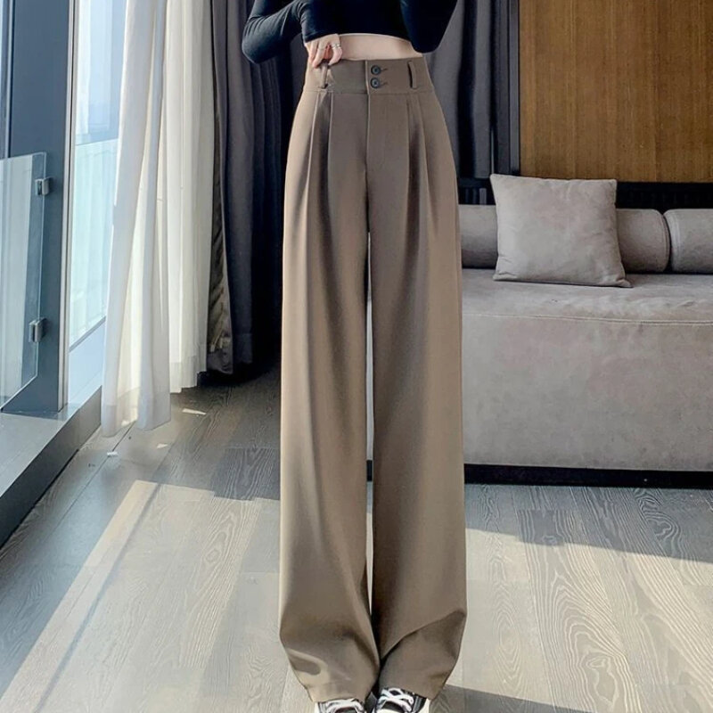 Damen Hosen mit weitem Bein Frauen koreanischen Stil hohe Taille schwarze Hose Büro Damen Mode lose graue Anzug Hose Streetwear