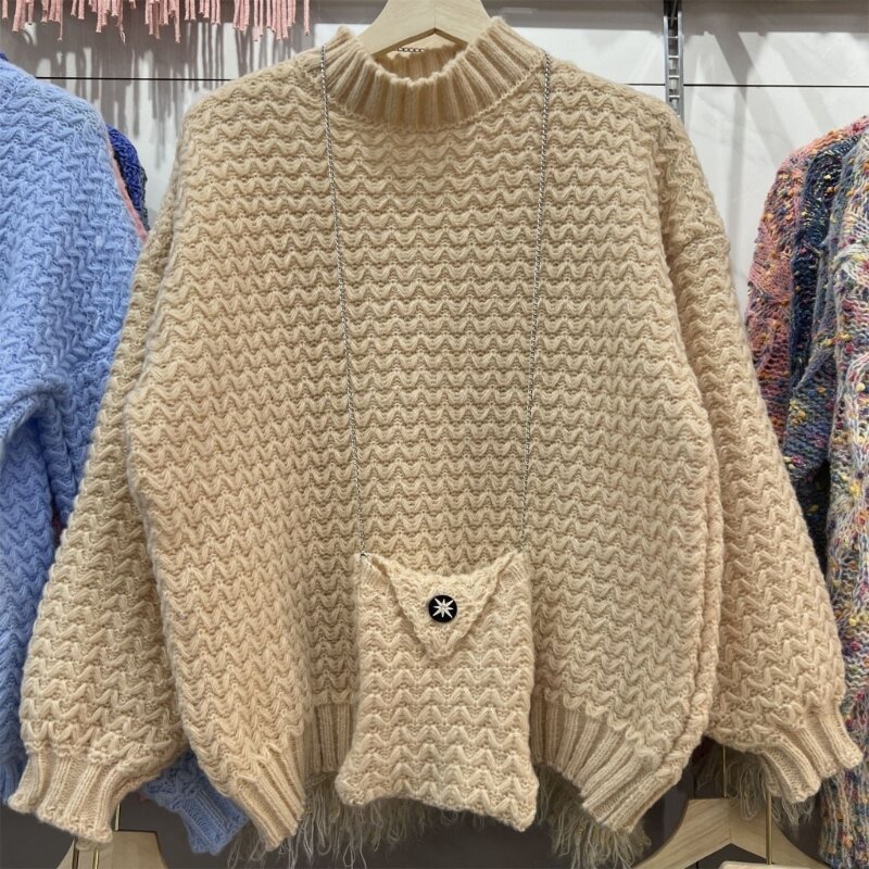 Damski sweter dzianiny długim rękawem i okrągłym dekoltem, jednolity luźny krój, sweter Top Dropship