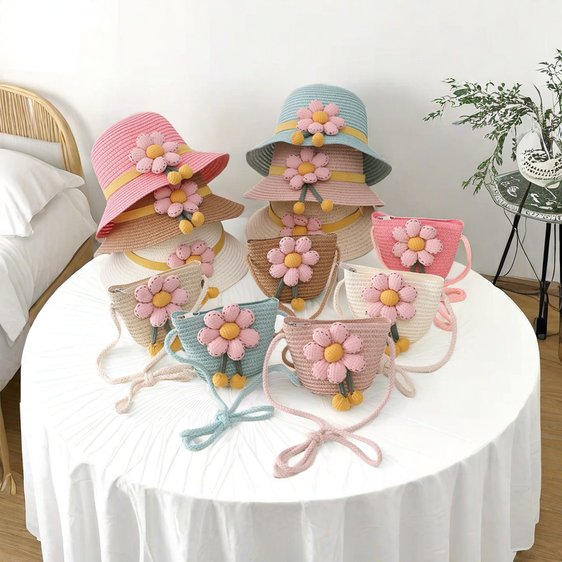 Children's Summer Clothing Two-piece Set  Flower-decorated Dome Fisherman's Hat And Hand-woven Crossbody Bag For Small Snacks