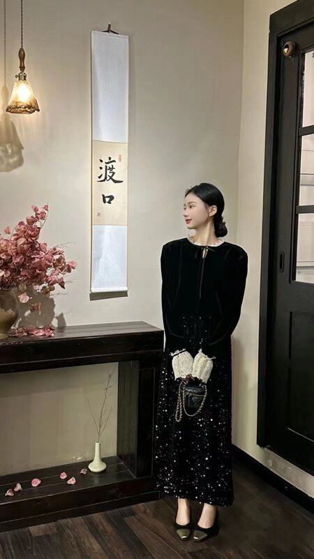 Miiiix koreanische Mode kleine duftende Samt Top Herbst neue A-Linie lose lässige schwarze halbe Rock zweiteilige Set weibliche Kleidung