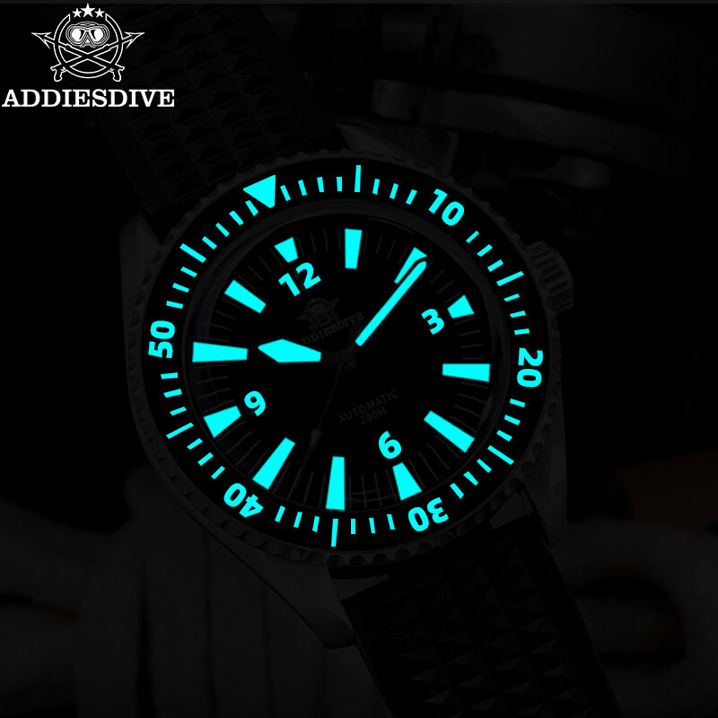ADDIESDIVE 심플 사파이어 크리스탈 다이빙 시계, AD2056 와플, Reloj Hombre, 블랙 데일, 슈퍼 루미너스 자동 기계식 시계