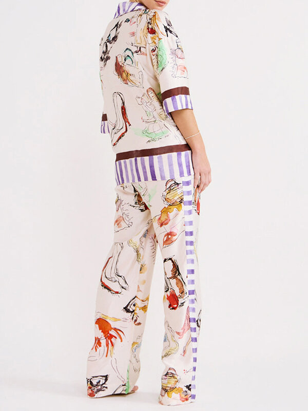 여성용 패션 프린트 의상, 느슨한 라펠 넥 3 4 소매 단추 다운 셔츠, 신축성 허리 바지, 2 피스 용수철 세트
