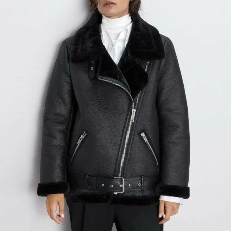 Jaqueta de couro grosso de pele de cordeiro falso feminino com zíper, jaqueta de motocicleta com cinto, streetwear quente, preto, fêmea, 2023