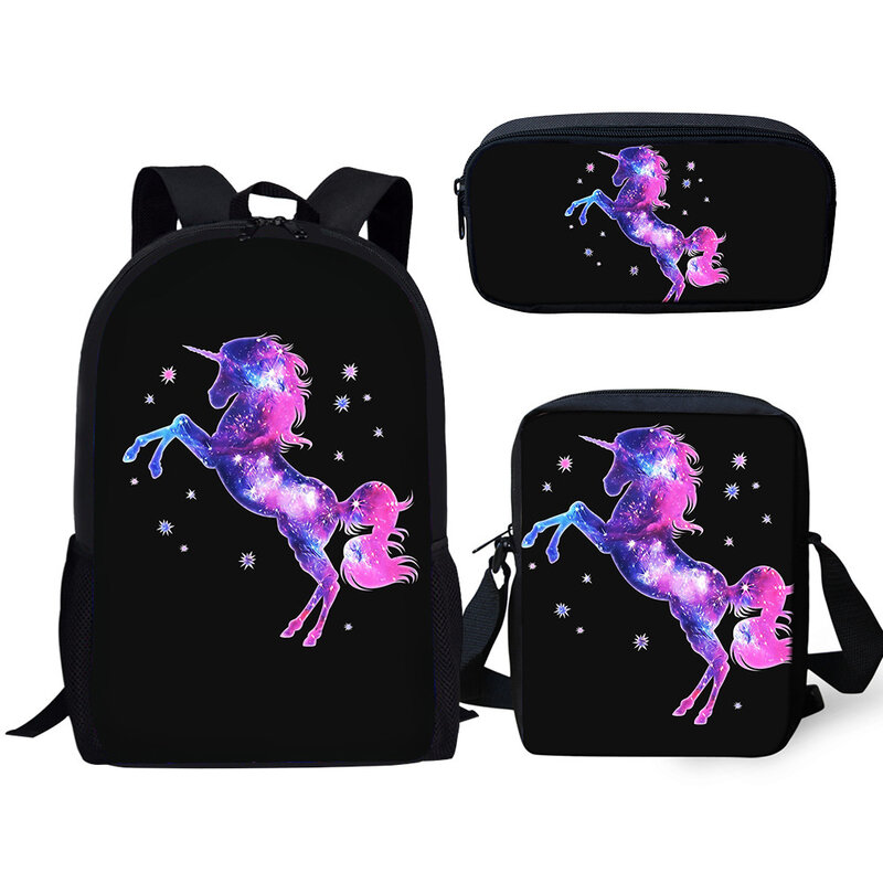 Mochilas escolares clásicas con estampado 3D de unicornio arcoíris, mochila de día para portátil, bolso de hombro inclinado, estuche para lápices, 3 unids/set