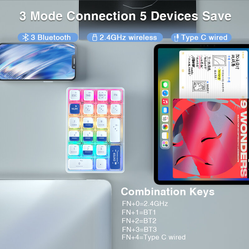 LEOBOG-Pavé numérique Bluetooth K21, clavier numérique mécanique, clavier de jeu transparent, photoshop, pavé numérique comptable, 21 touches