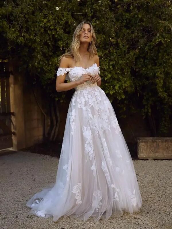 Elegant Bohemian Wedding Dresses Women 2024 A Line Off Shoulder Lace Appliqued Tulle Backless Long Summer Beach Bridal Gowns