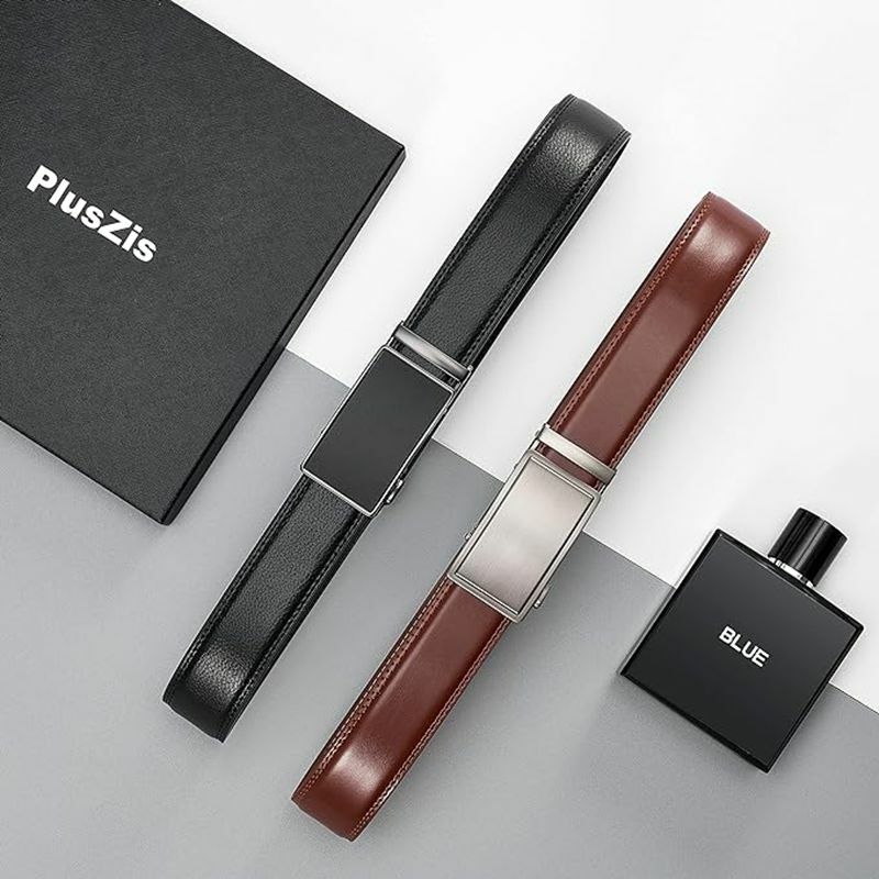Pluszis-自動バックル付きメンズレザーラチェットベルト、ビジネスドレス、ブラック、ブラウン、2パック、ファッション