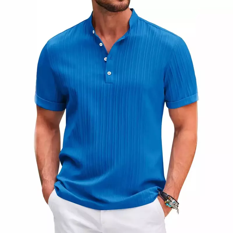 Nowa wysokiej jakości haftowana bawełna i lniana koszula Henry w paski dla mężczyzn na lato w stylu Casual, wygodna oddychająca koszulka