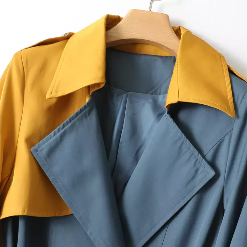 女性用カラートレンチコート,ダブルブレストジャケット,シャツの襟,パッチワークジャケット,ベルト付きレディースコートコート