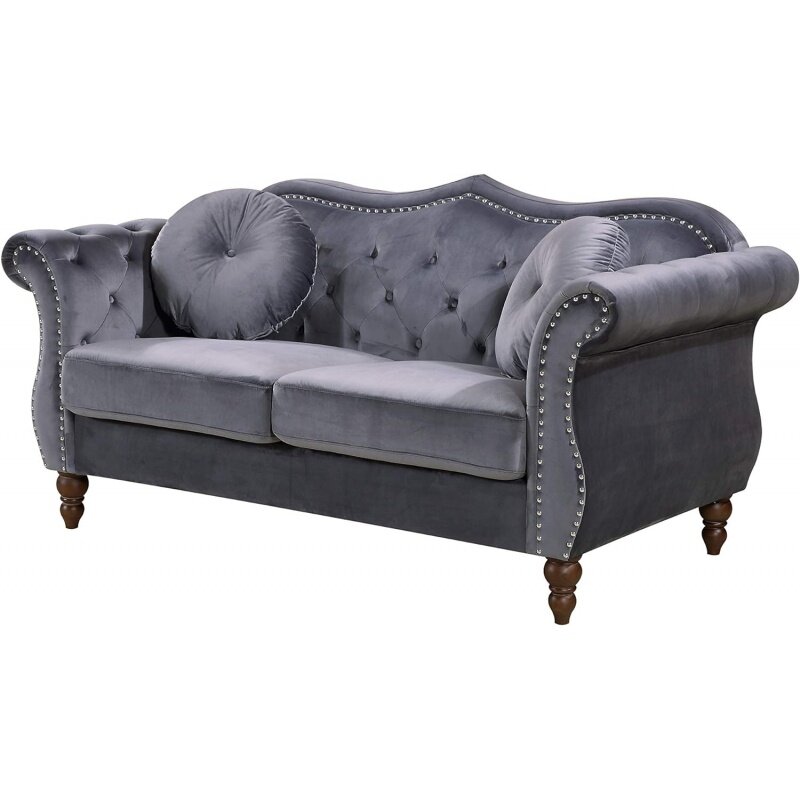 Anna1 Classic Nailhead Chesterfield Velvet Couch, Loveseat, Grey