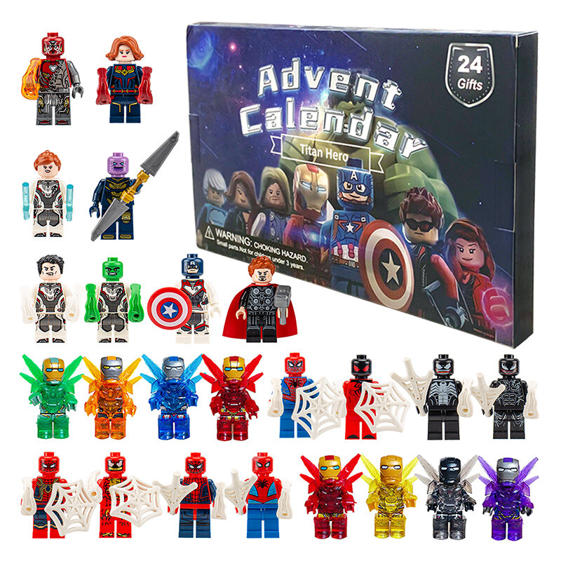 Marvel Avengers Advent Calendar, Homem-Aranha, Homem De Ferro, Hulk, Capitão América, Lego Minifigures Models, Brinquedos de Natal, Presente Infantil, 24pcs