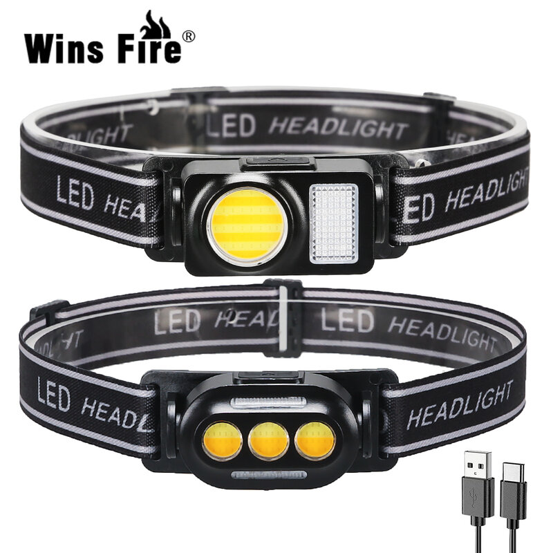 LED Headlights White and Yellow Fishing Headlamp 3 Light Mode USB Rechargeable Built-in Battery with Red and Blue Flash Light