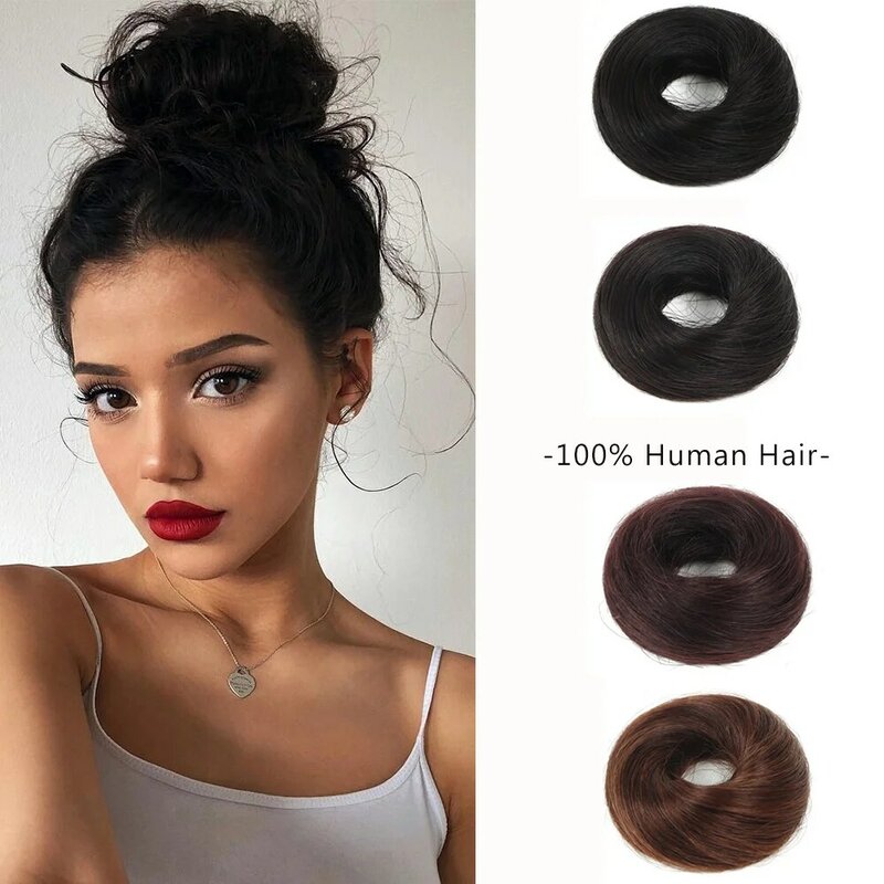 Human Hair Bun Hair Scrunchies For Women Thick Hair Extension Ponytail Hairpieces Updo Chignon 1PCS Flexible Elastic Band