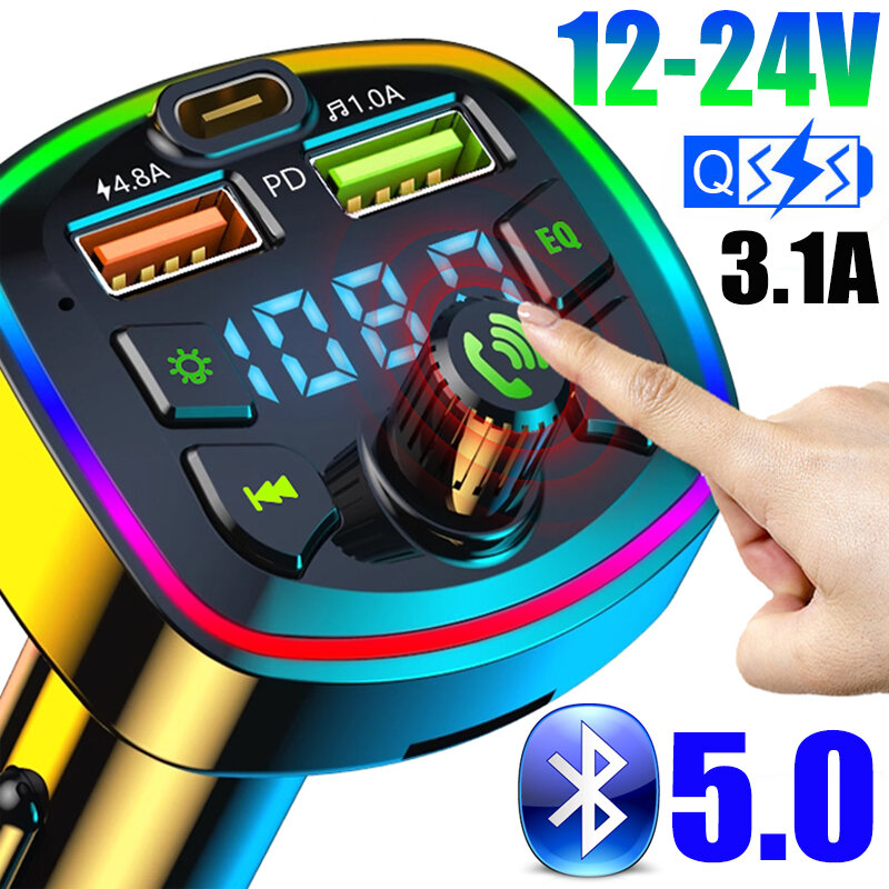 Carro multifuncional PD carregamento rápido Bluetooth 5.0 MP3 Player, luz atmosférica colorida, 2in 1 carregador automático