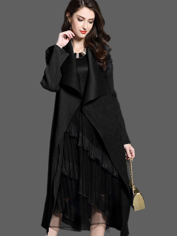 Cárdigan largo plisado con cuello vuelto para mujer, Chaqueta abierta a la moda, color negro, verde, gris, rojo, caqui, abrigo, chal