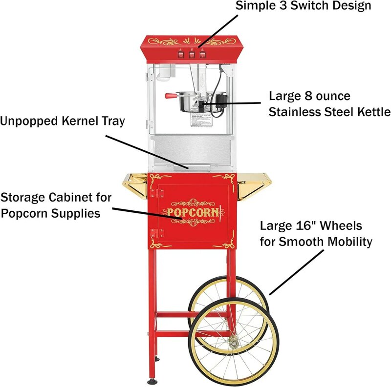 Movie Night Popcorn Machine - 3-Gallon Antique Popper with Cart, 8oz Kettle, Old Maids Drawer, Warming Tray, and Scoop