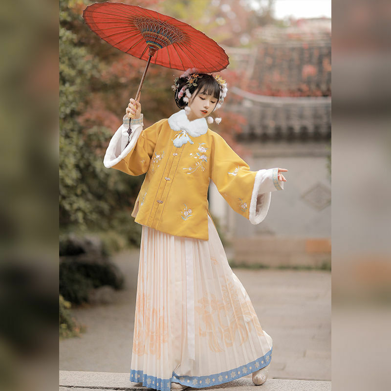 2023 Outono Inverno Chinês Tradicional Dinastia Ming Hanfu Mulheres Floral Bordados Roupas Set Girl New Year Fairy Dresses