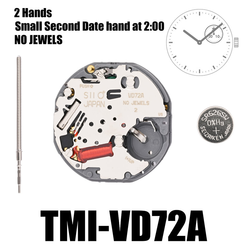 Движение VD72 Tmi VD72 движение 2 руки многоглазное движение маленькая секундная Дата рука на 2:00 Размер: 10 шт. Высота: 3,45 мм