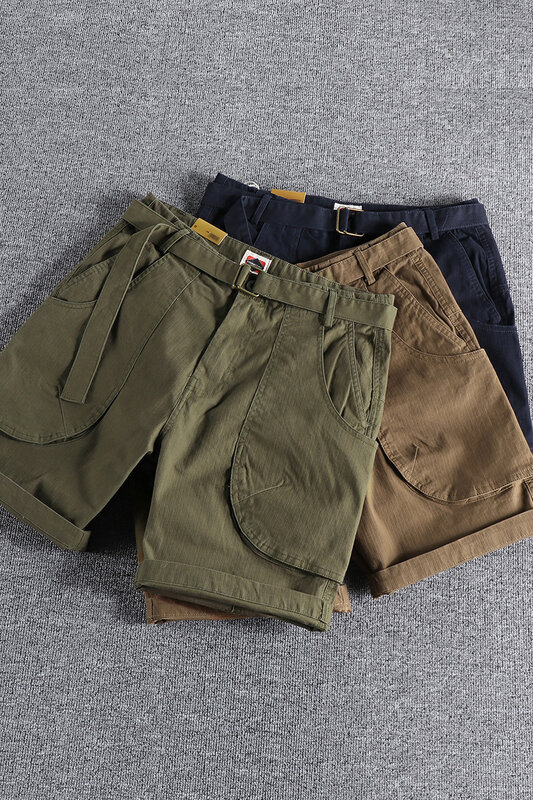 Летние новые американские Бриджи-карго, мужская мода, 97% хлопок, потертые, с несколькими карманами, повседневные свободные 5-точечные брюки с поясом