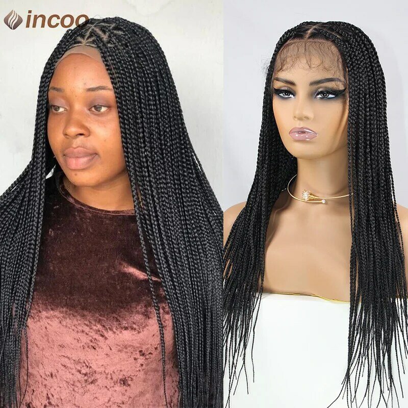 Incoo 26 Box Braids Synthetic Triangle Knotless Braiding Hair Wig Handmade Braided Lace Front Wig For Black Women Cornrow Braids