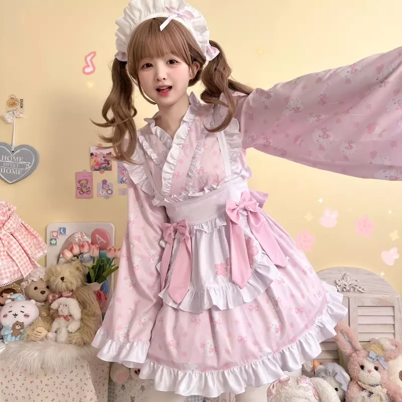 Gaun Lolita Kawaii Jepang gaun Mini wanita gambar kelinci lucu manis gaun pesta pita gaun Mini Harajuku Y2k Ruffes dengan celemek pelayan Lolita Set