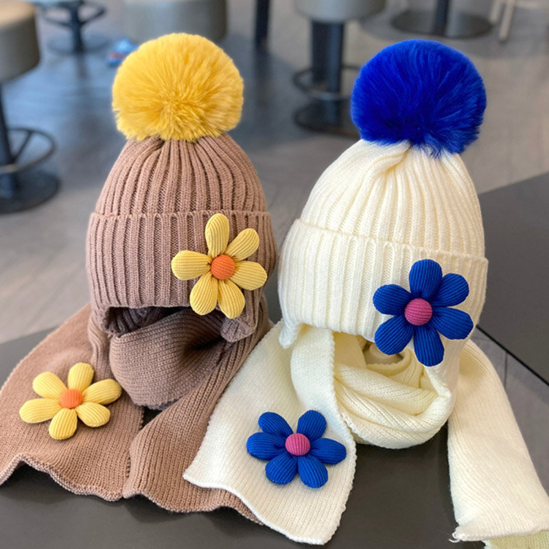 Doitbest 2022 Winter Jungen Mädchen Warme Mützen Kind Schal Hut Set Blumen Pelz Hairball Baby Kinder Stricken Solide Schals Hüte