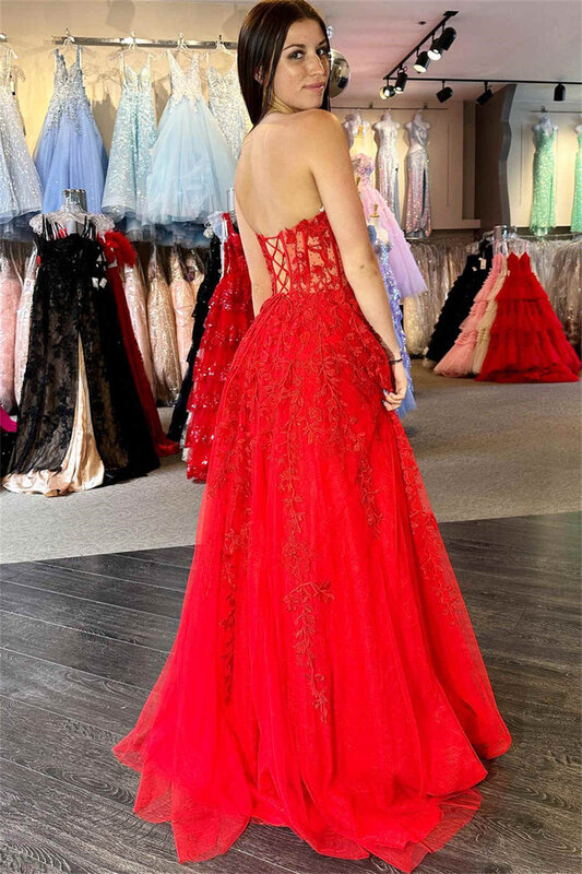 2024 Women's Tulle Lace Applique V-Neck Prom Dresses Long Strapless Sleeveless Backless Illusion Formal Evening Party Gowns