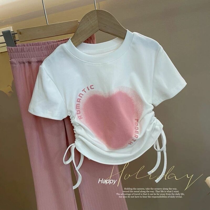 3-12 Years Summer Girls Clothing Set Fashion Big Heart T-shirt +Long Pants 2Pcs Suit For Kids Comfortable Casual Children Outfit