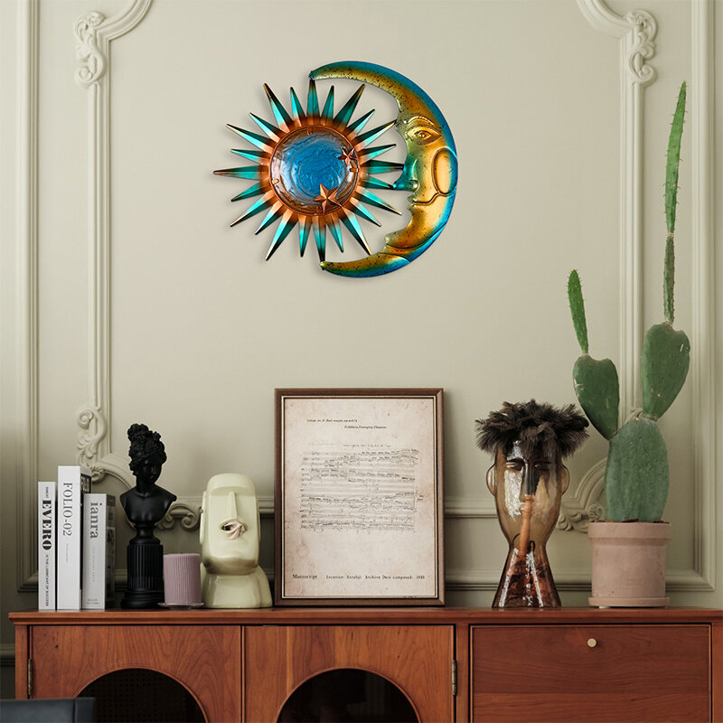 Matal dekorasi dinding Matahari, patung seni dinding bulan dan matahari, dekorasi logam seni dinding luar ruangan cocok untuk dalam ruangan ruang tamu kamar tidur