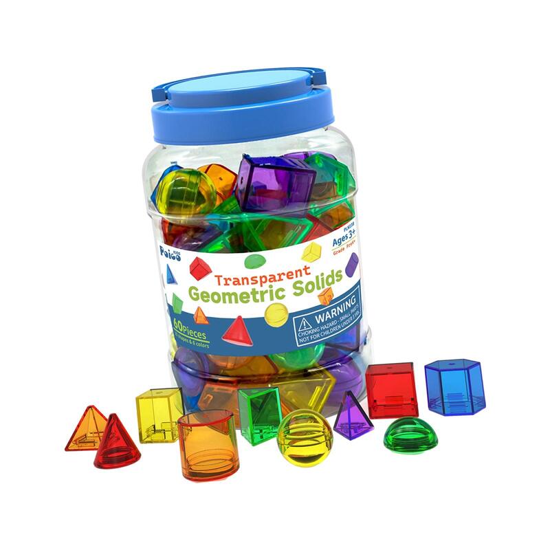 Formas geométricas Building Blocks, cor translúcida, Montessori Toy, sólidos geométricos, sala de jogos e casa, 60pcs