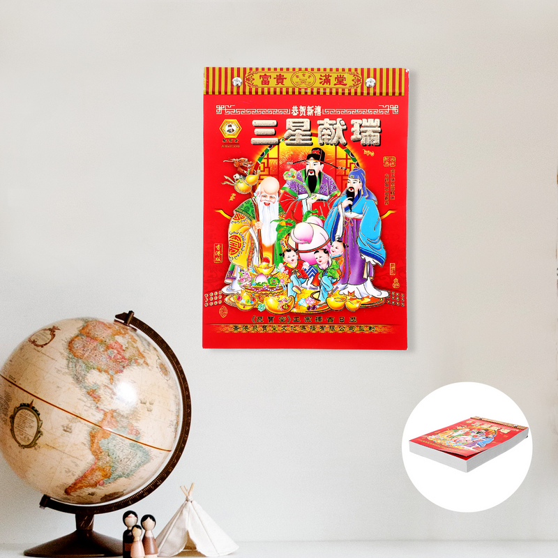 Kalender dinding dewa keberuntungan, kalender tangan sobek tangan gaya lama China, kalender tradisional tahun Lunar kalender gantung
