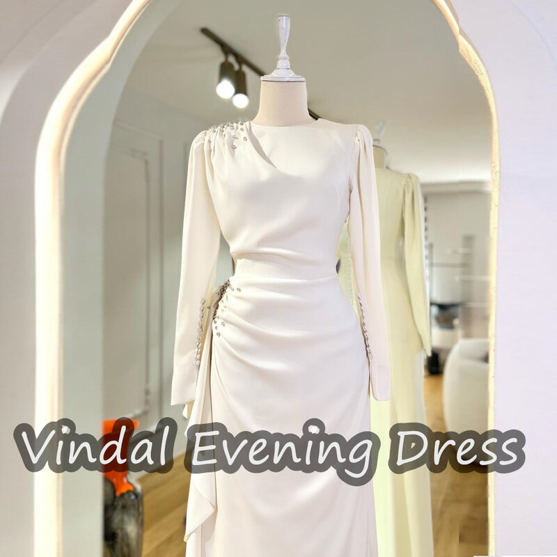 Vindal Ruffle Scoop Necklin Floor Length Mermaid Evening Dress Elegant Built-in Bra Saudi Arabia Long Sleeves Satin For Woman