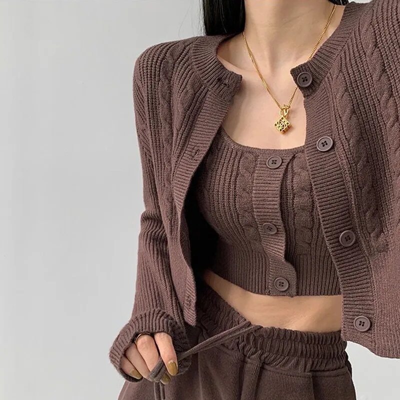 Elegant Knitted Two-Piece Set for Women, Crop Top, Cardigan, Fashion Camisole, Autumn Clothes, 2024
