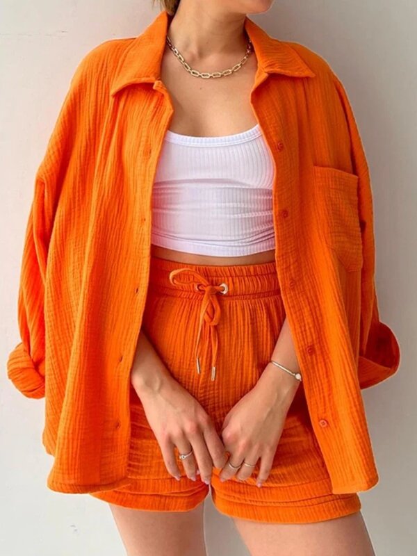 Effen Geplooide Tweedelige Set Pyjama Voor Dames Zomer Tweedelige Pak Nachtkleding Lange Mouw Korte Sets Mode Knoop Outfits Pak