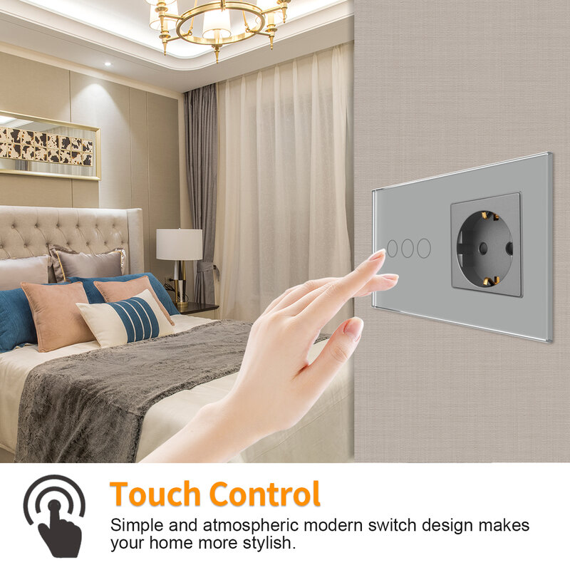 Bingoelec-Interruptor táctil inteligente con WiFi para el hogar, enchufe con Sensor de Panel de cristal gris, funciona con aplicación Tuya